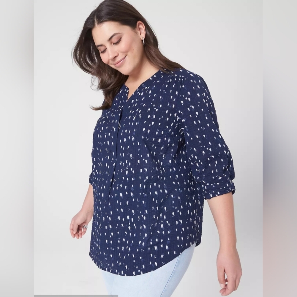 Lane Bryant Classic Ruched-Shoulder Top Women's 14 Blue Textured Peasant Cotton